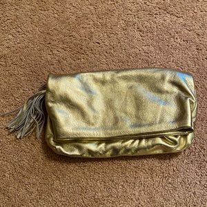 New J. Crew Gold Leather Tassel Clutch Purse